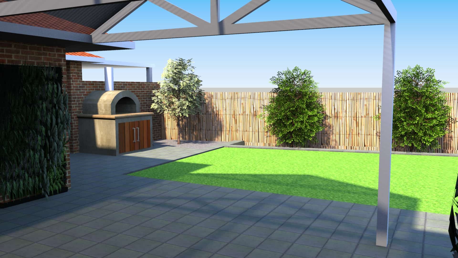 Grey Concrete Paving in a Patio with Lush Green Lawn